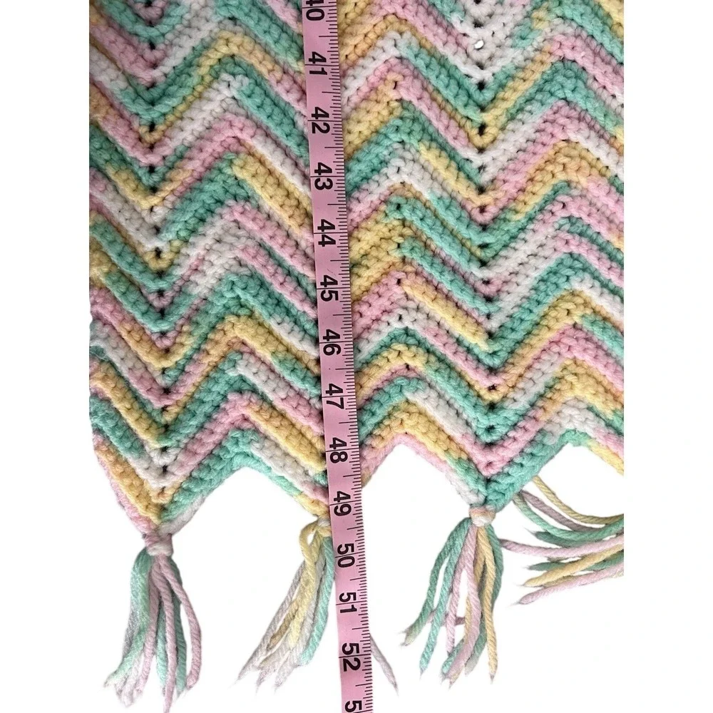 Handmade Crochet Chevron Throw‎ Blanket Pastel Pink Yellow Green Zig Zag Tassels